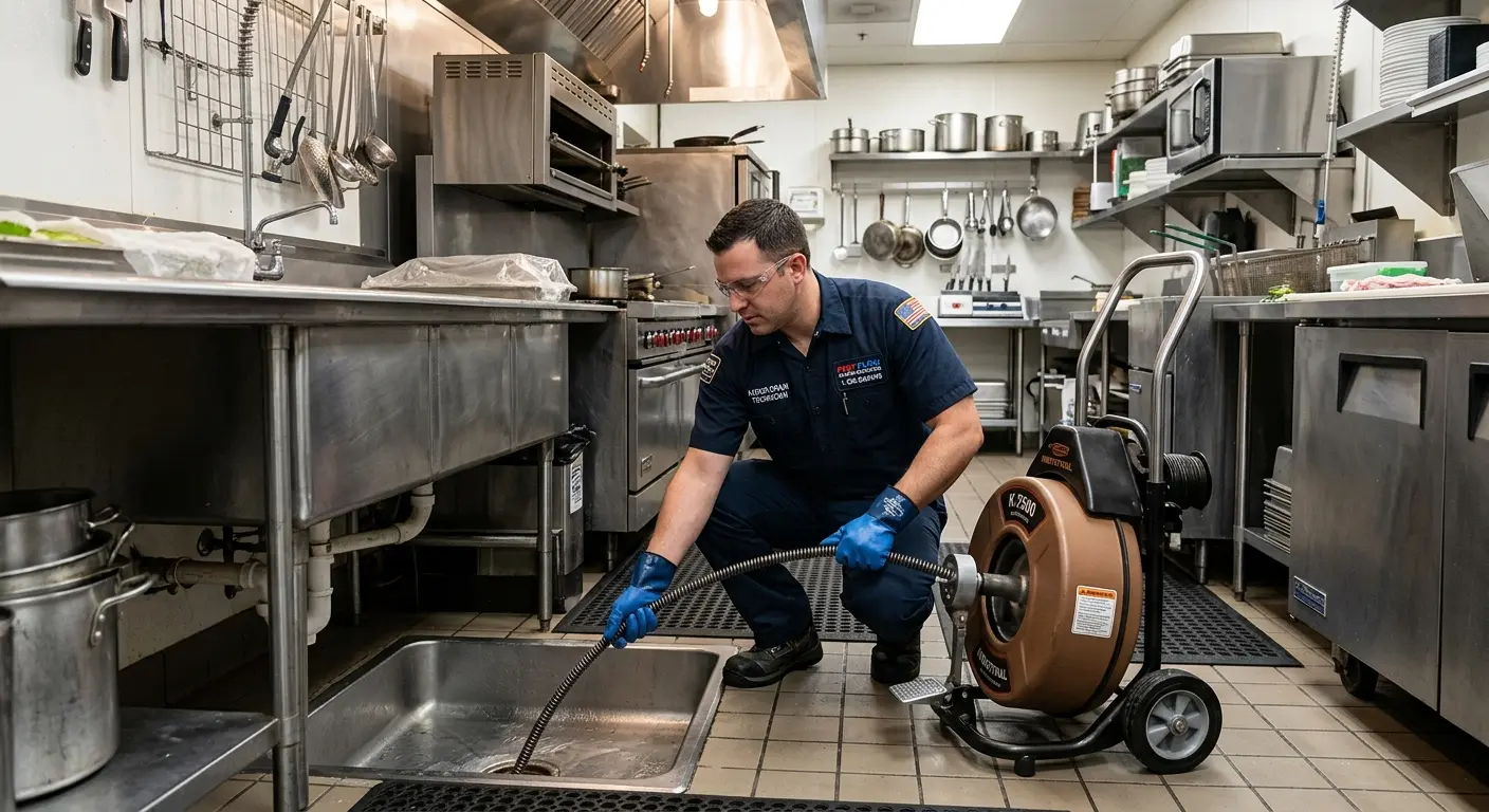 Commercial drain cleaning service in a restaurant kitchen in Carmel