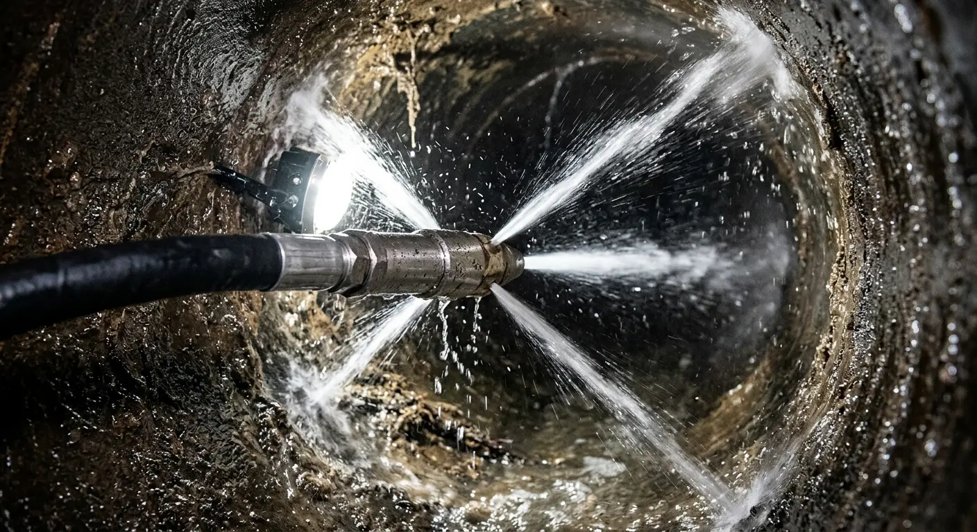 High-pressure hydro jetting nozzle cleaning sewer pipe for Sewer Cleanout in Carmel