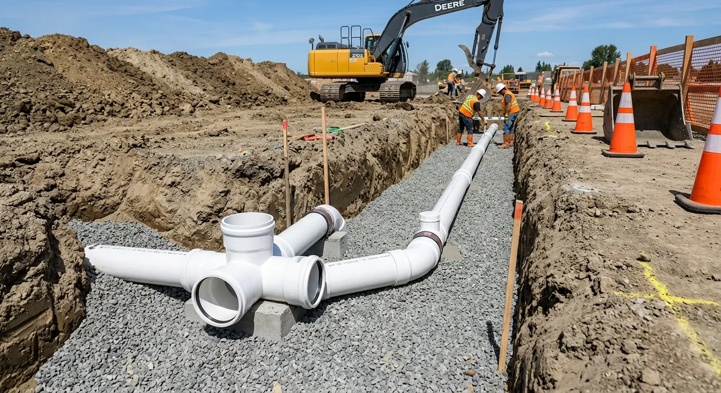 New PVC sewer pipe installation in open trench for Commercial Drain Cleaning in Carmel