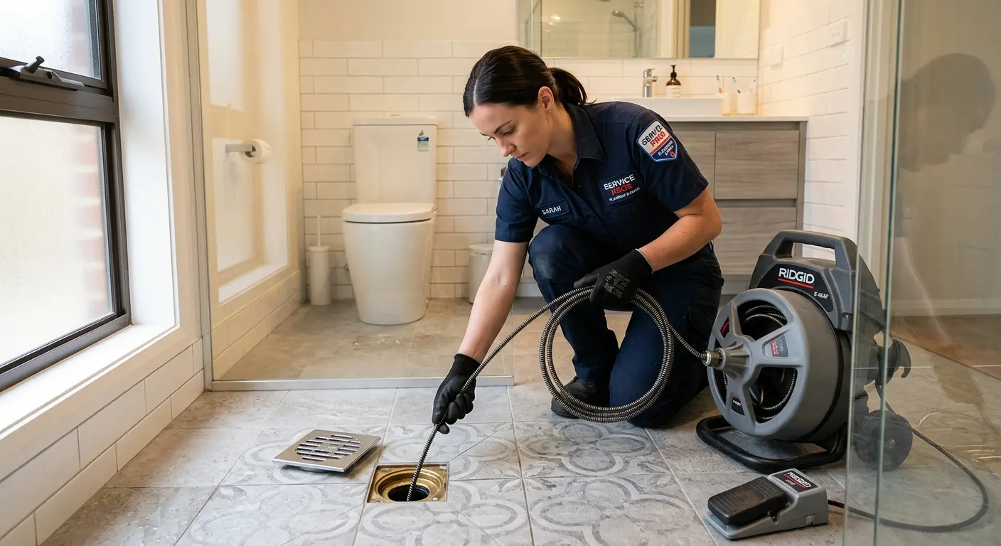 Technician clearing a bathroom floor drain for Sewer Line Replacement in Carmel